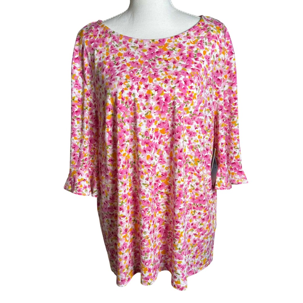 CeCe NWT Size XXL Floral Blouse Pink Yellow Flutter Sleeve Keyhole Back FlowTop
